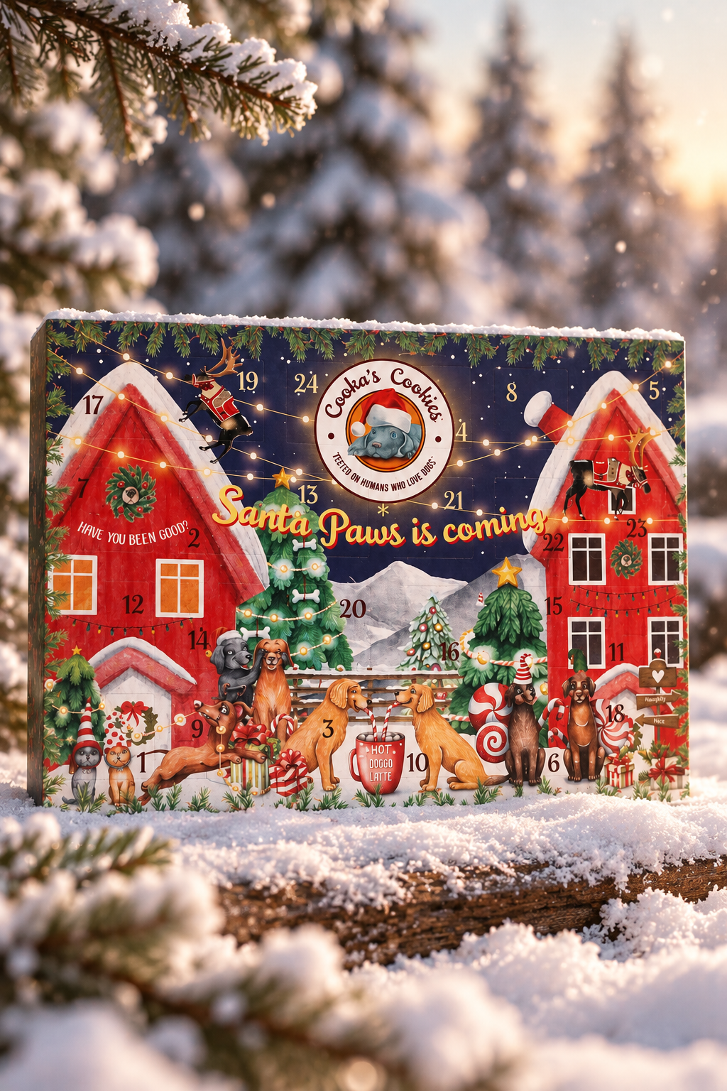 Adventní kalendář pro psy Cooka’s Cookies Santa Paws is coming na sněhu