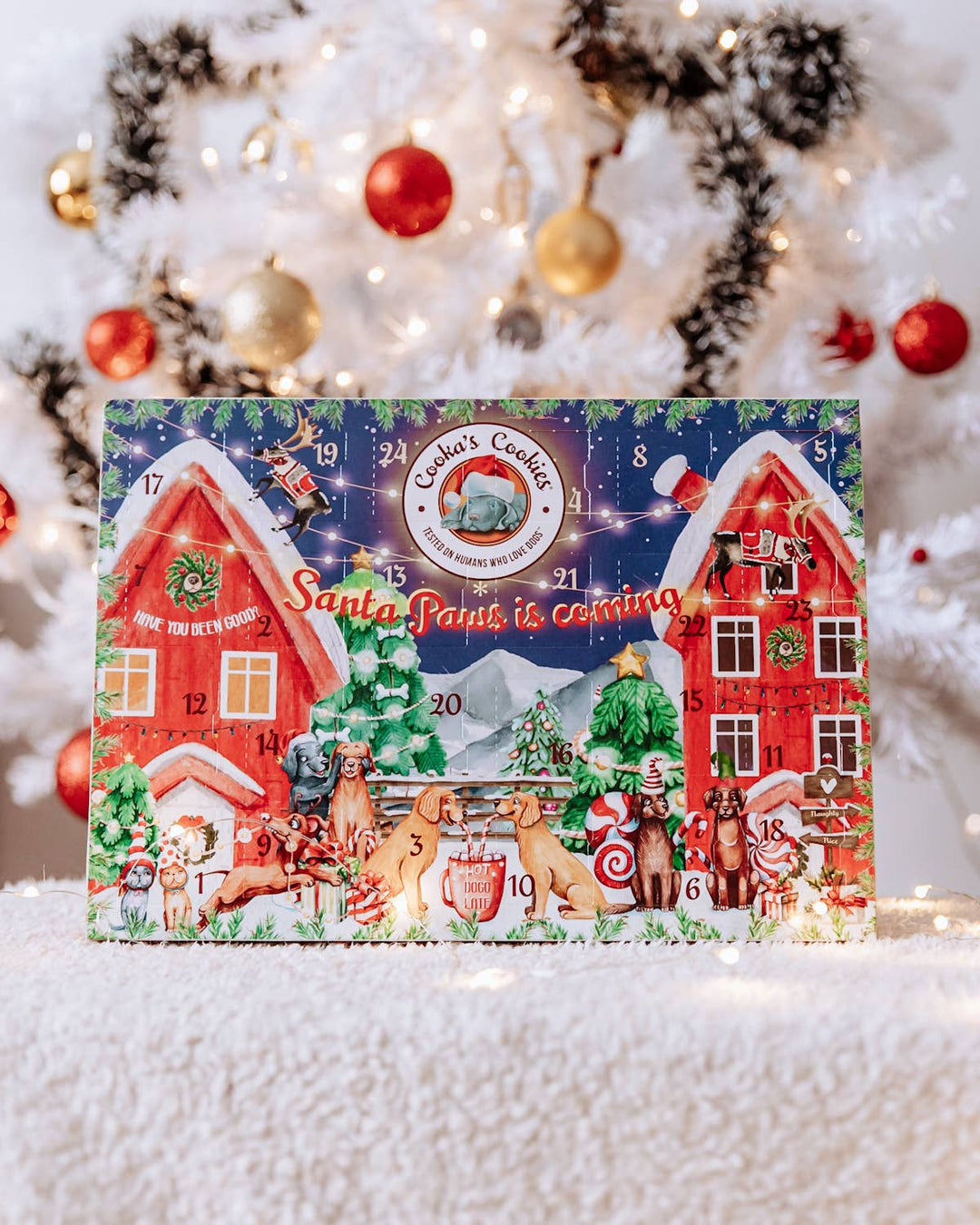 Adventní kalendář pro psy Cooka’s Cookies u vánočního stromku