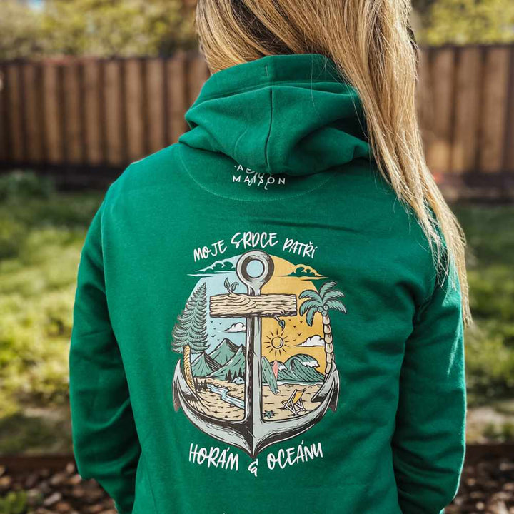 Oversize grünes Sweatshirt - Berge und Ozean
